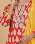 Red and Yellow Color Festive Wear Jaipuri Cotton Hand Block Gotta Patti Straight Kurta with Pant and Dupatta