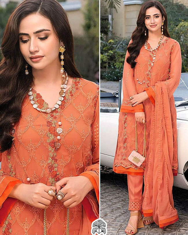 Orange Color Party Wear Georgette Embroidered Unstitched Pakistani Salwar Kameez Suit
