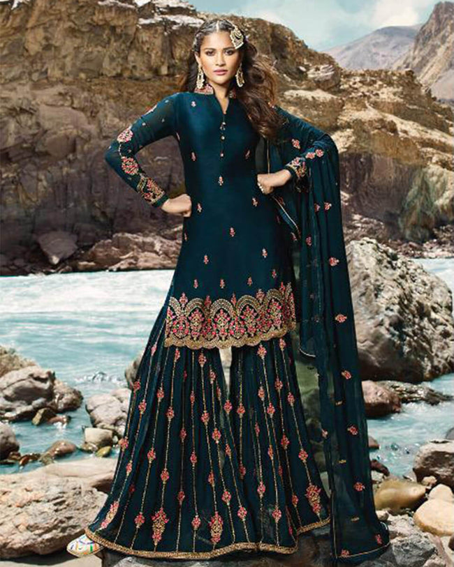 Georgette Embroidered Party Wear Sharara Suit, Blue at Rs 1500/piece in  Surat