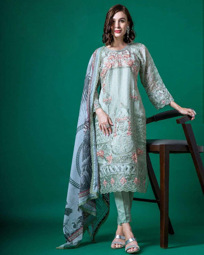 ReadyMade Pakistani Suits Collection Mint Color Party Wear Kurti with Pant & Dupatta