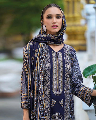 Navy Blue Color Unstitched Cotton Embroidery Work Pakistani Lawn  Suits