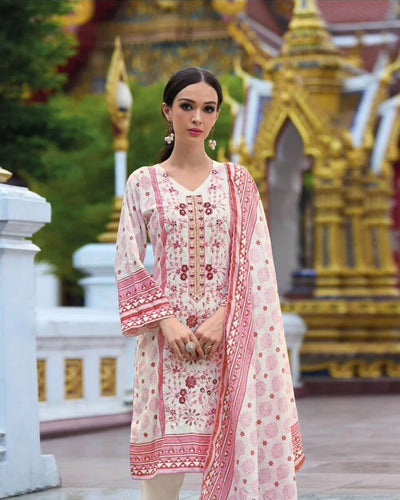 Off White and Pink Color Unstitched Cotton Embroidery Work Pakistani Lawn  Suits