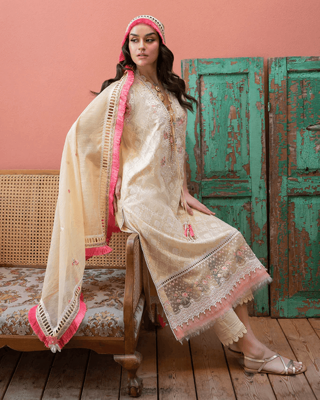 ADAN LIBAAS Cream Color Unstitched Cotton Self Embroidery Work Lawn Pakistani Suits