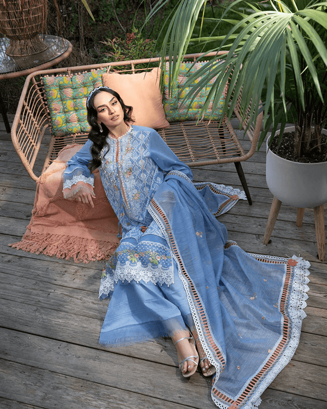 ADAN LIBAAS Blue Color Unstitched Cotton Self Embroidery Work Lawn Pakistani Suits