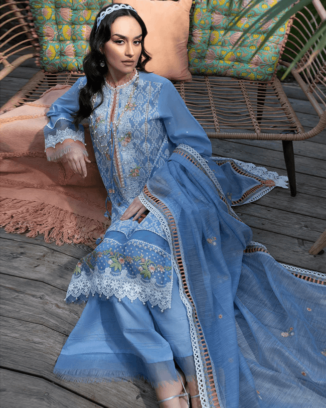 ADAN LIBAAS Blue Color Unstitched Cotton Self Embroidery Work Lawn Pakistani Suits
