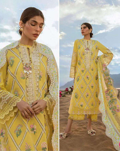 Yellow Color Unstitched Cotton Self Embroidery Work Lawn Pakistani Salwar Suits