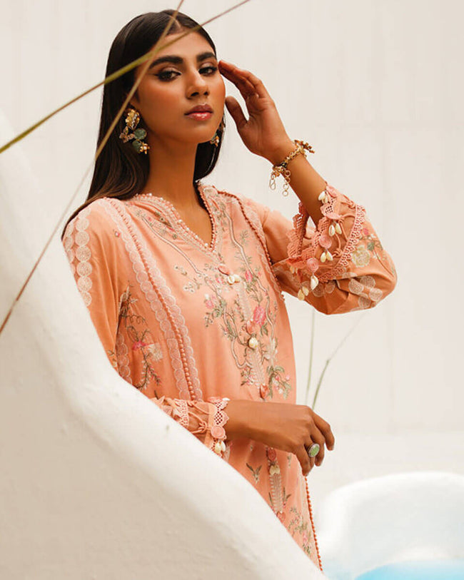 Sana Safinaz Peach Color Unstitched Cotton Self Embroidery Lawn Pakistani Salwar Suits