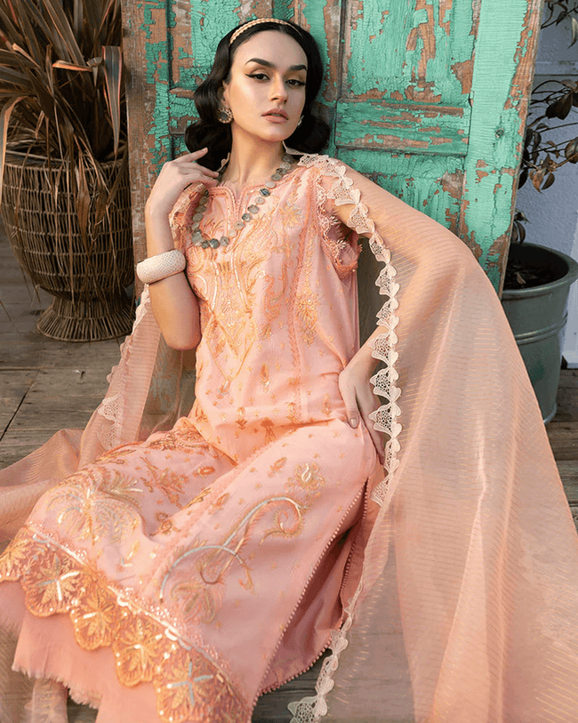 ADAN LIBAAS Peach Color Unstitched Cotton Self Embroidery Work Lawn Pakistani Suits