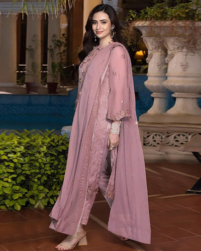 Beige Color Party Wear Georgette Embroidered Unstitched Pakistani Salwar Kameez Suit