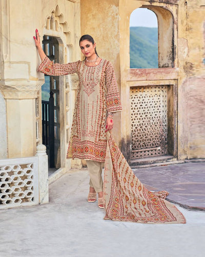 Cream Color Pure Cotton Unstitched  Self Embroidery Work  Pakistani Lawn Suits