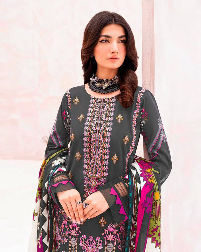 CHEVERON Dark Gray Color Unstitched Cotton Self Embroidery Work Printed Lawn Pakistani Suits