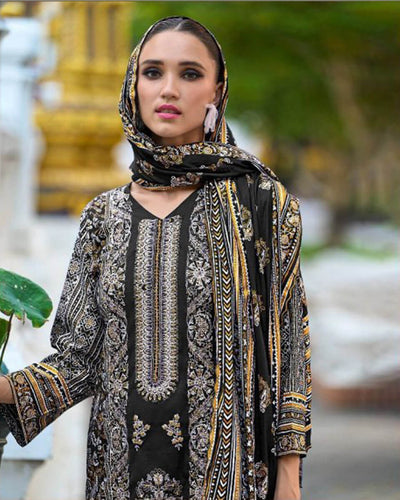 Black Color Unstitched Cotton Printed Pakistani  Lawn Suit