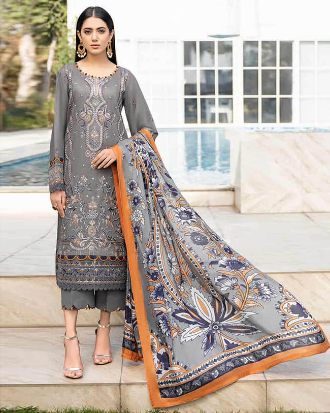 CHEVRON Gray Color Unstitched Pure Cotton Self Embroidery Work Lawn Pakistani Salwar Suits