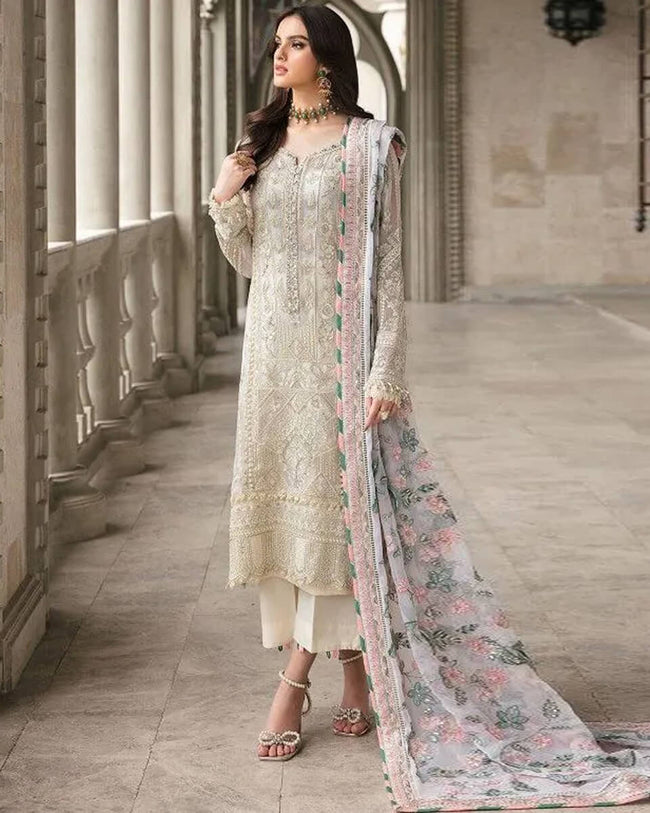 Off White Color Party Wear Georgette Unstitched Pakistani Salwar Kameez Suit