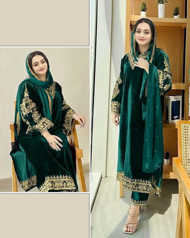 Green Color Winter Wear Pure Velvet Unstitched Pakistani Salwar Kameez Suit