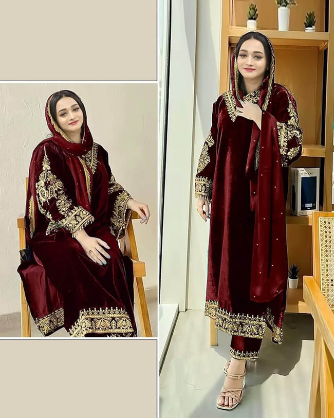 Maroon Color Winter Wear Pure Velvet Unstitched Pakistani Salwar Kameez Suit
