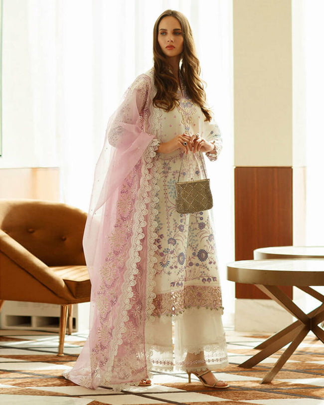 MUSHQ Off White Color Unstitched Cotton Lakhnavi Embroidery Work Lawn Pakistani Suits