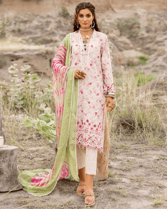 Sana Safinaz Pink and White Color Unstitched Cotton Self Embroidery Work Printed Lawn Pakistani Suits