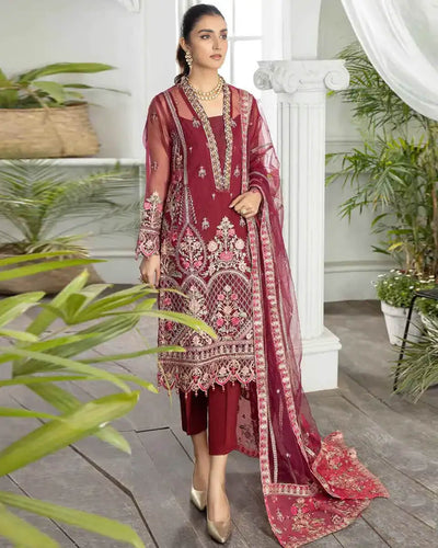 Maroon Color Party Wear Georgette Heavy Embroidery Unstitched Pakistani Suits