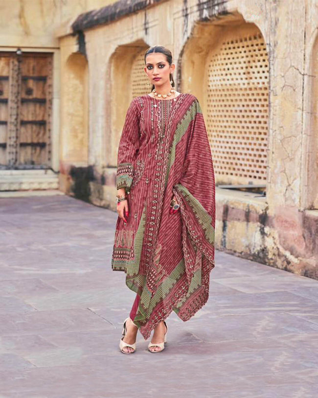 Marron Color Pure Cotton Unstitched  Self Embroidery Work  Pakistani Lawn Suits