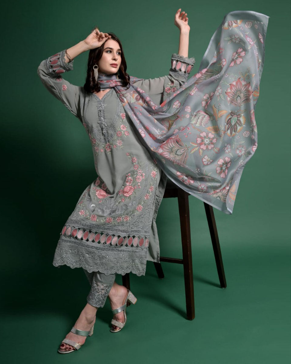 Elegant Grey Georgette Trendy Fashioner Pakistani Trouser Salwar Suit Collection With Grey Santoon main image 1