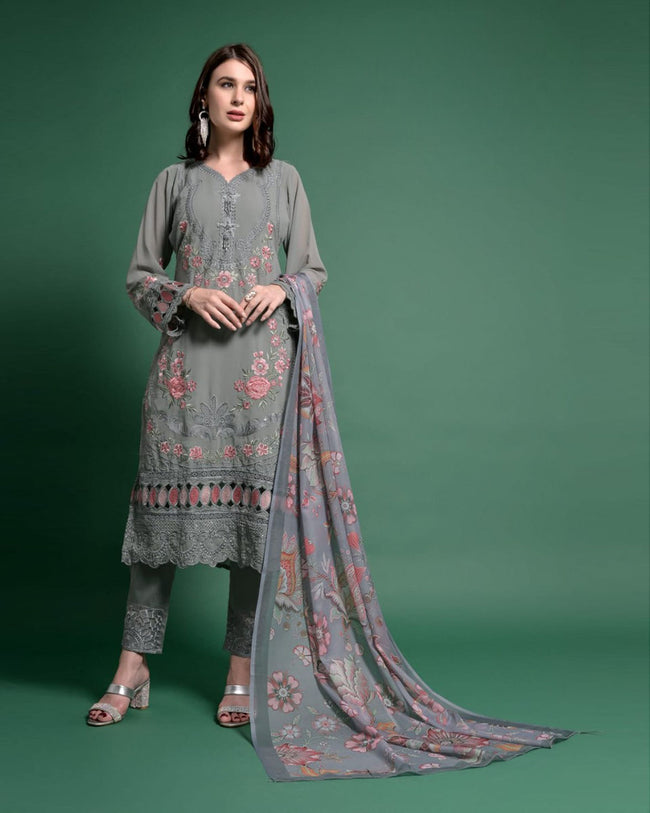 Gray Color Readymade Georgette Pakistani Salwar Suits with Pant Dupatta