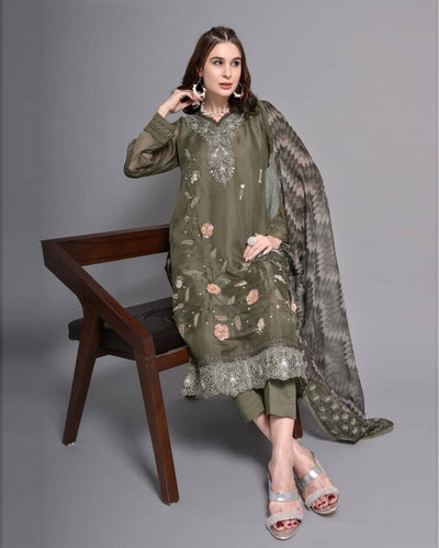 Green Color Party Wear Readymade Pakistani Salwar Suits with Pant & Dupatta