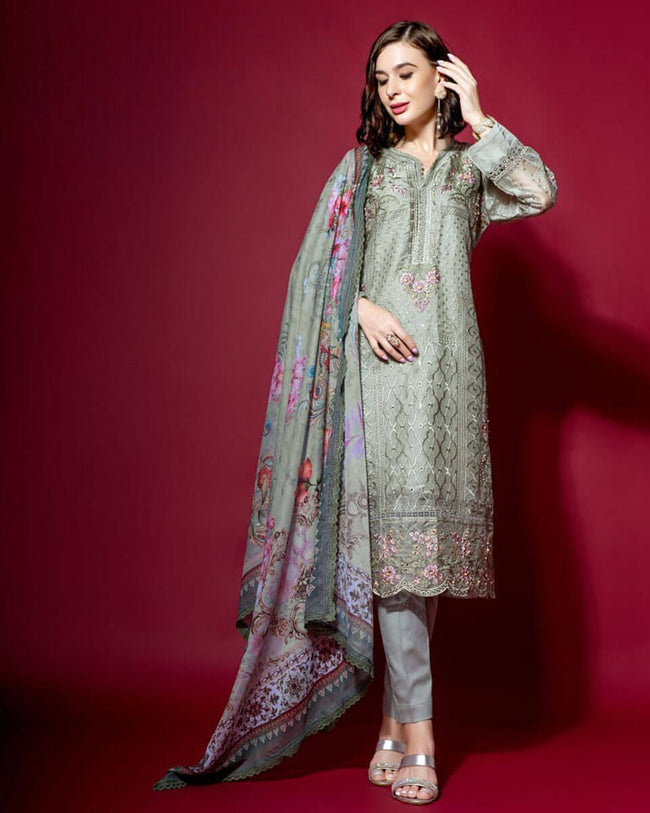 Olive Green Color Party Wear Readymade Pakistani Salwar Suits with Pant Dupatta