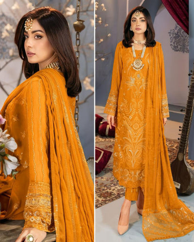 EID COLLECTION 2024 Mustard Color Georgette Unstitched Pakistani Salwar Kameez Suits