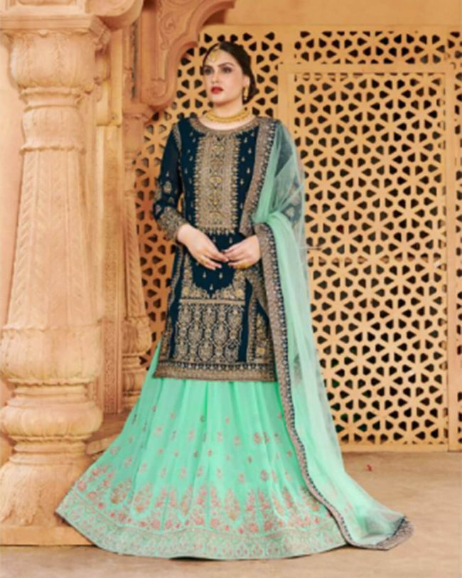 Green Color Festive Wear Semi Stitched Punjabi Lehenga Style Suits
