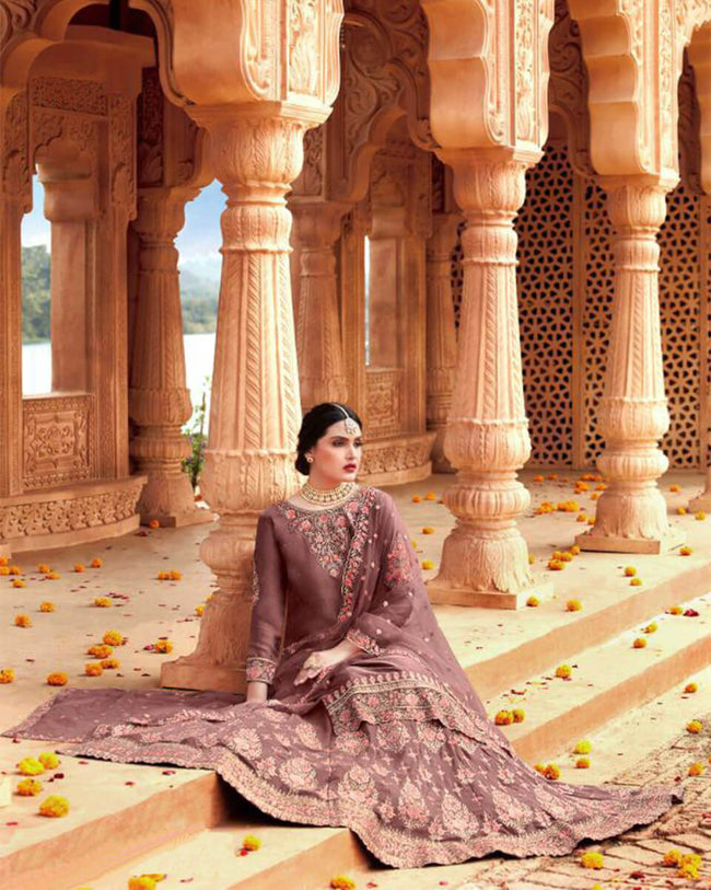 Brown Color Festive Wear Semi Stitched Punjabi Lehenga Style Suits