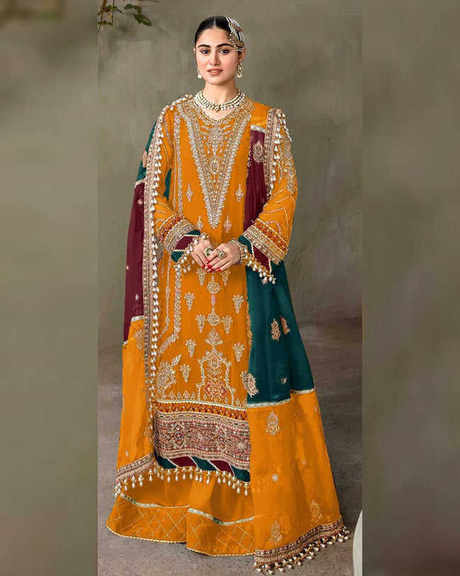 Salwar Suit Material For Wedding Mustard Color Bridal Wear