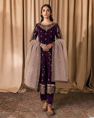 MARIAB Classy Purple Color Winter Wear Pure Velvet Unstitched Pakistani Salwar Kameez Suit
