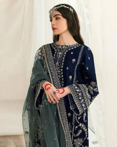 MARIAB Navy Blue Color Bridal Wear Pure Velvet Unstitched Pakistani Salwar Kameez Suit