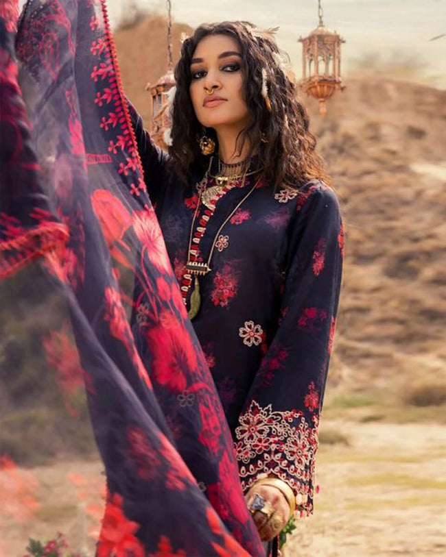 Sana Safinaz Black Color Unstitched Cotton Self Embroidery Work Printed Lawn Pakistani Suits