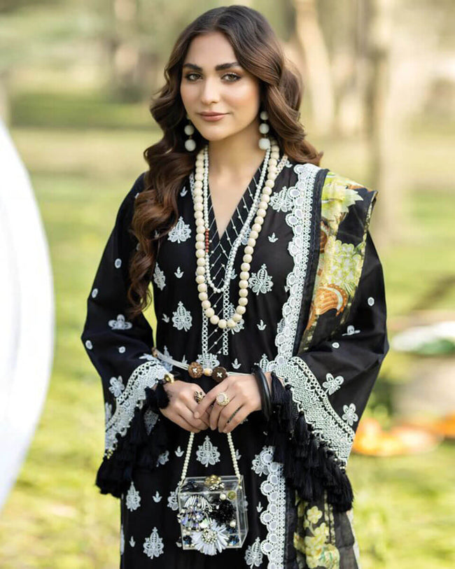 ADAN LIBAS Black Color Unstitched Cotton Self Embroidery Work Lawn Pakistani Salwar Suits