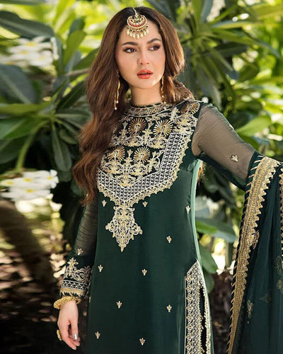 Bottle Green Color Party Wear Georgette Heavy Embroidery Unstitched Pakistani Suits