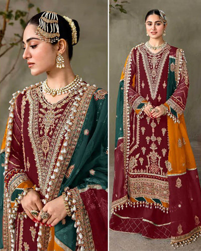 Maroon Color Bridal Wear Georgette Unstitched Pakistani Salwar Suits
