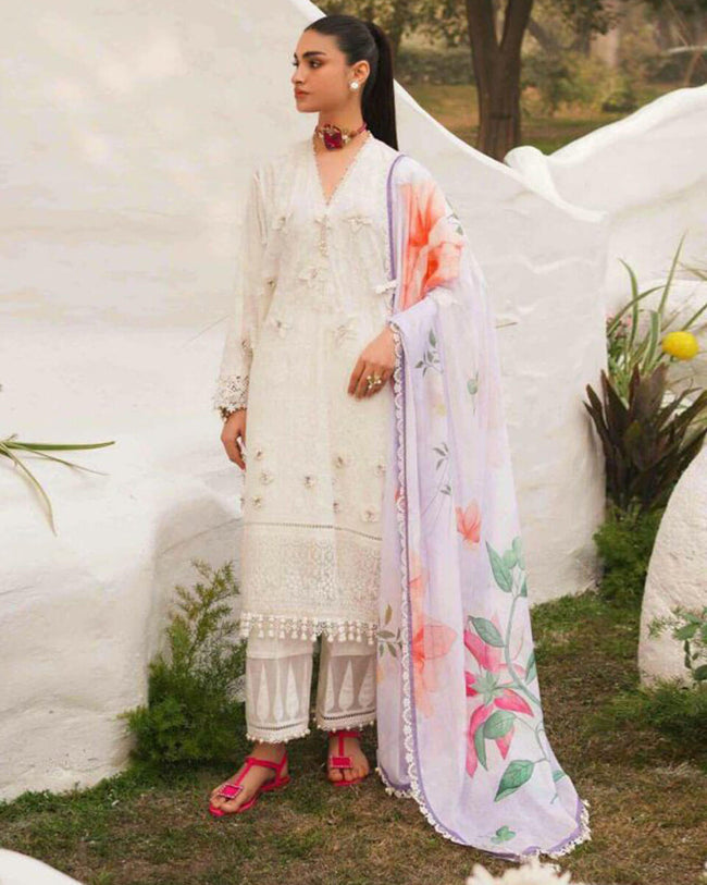 Sana Safinaz White Color Unstitched Cotton Self Embroidery Lawn Pakistani Salwar Suits