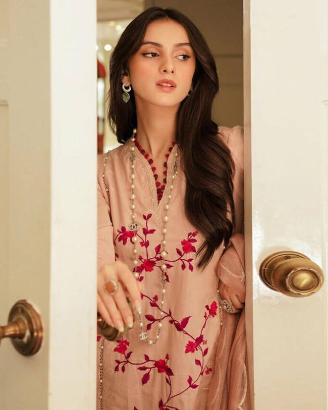 Sana Safinaz Light Peach Color Unstitched Cotton Self Embroidery Lawn Pakistani Salwar Suits