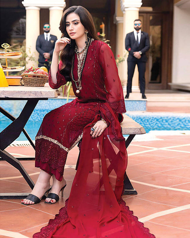 Maroon Color Party Wear Georgette Embroidered Unstitched Pakistani Salwar Kameez Suit