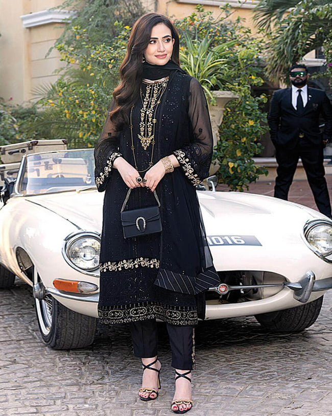 Dark Black Color Party Wear Georgette Embroidered Unstitched Pakistani Salwar Kameez Suit