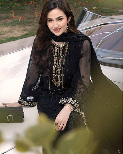 Dark Black Color Party Wear Georgette Embroidered Unstitched Pakistani Salwar Kameez Suit