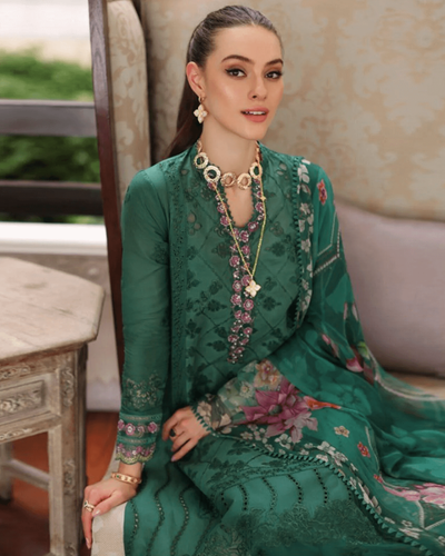Pine Green Color Unstitched Cotton Self Embroidery Lawn Pakistani Suit