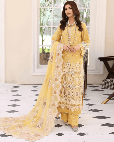 Pakistani Lawn Collection Yellow Color Unstitched Cotton Self Embroidery Lawn Suits