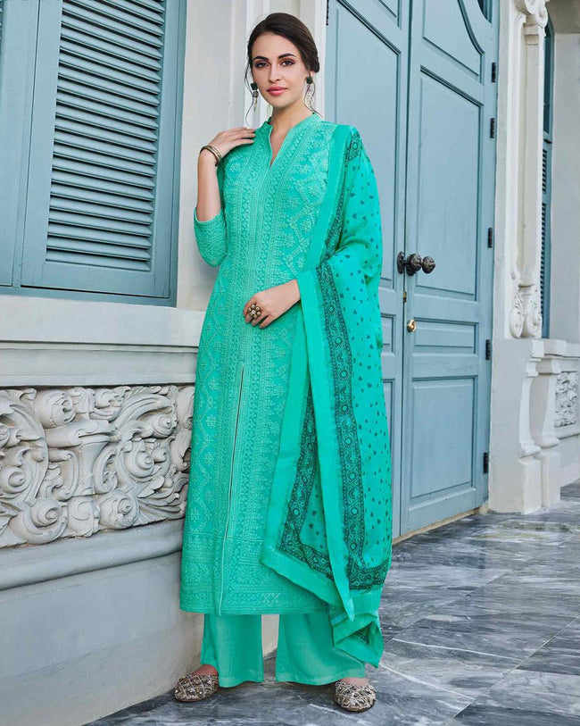 Aqua Green Colored Embroidered Palazzo Suit With Printed Dupatta