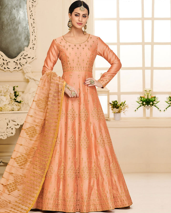 Premium Net Long Salwar Kameez In Peach Color | Designer anarkali suits, Anarkali  dress, Designer anarkali