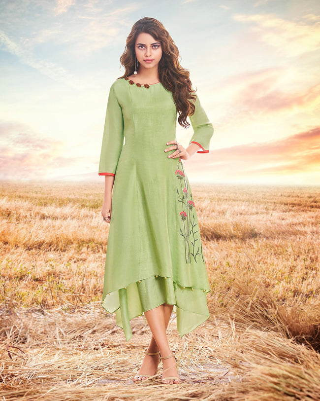 Olive Green Colored Readymade Embroidered A-line Cotton Silk Kurti