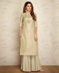 Beige Colored Partywear Embroidered Pure Silk Palazzo Suit