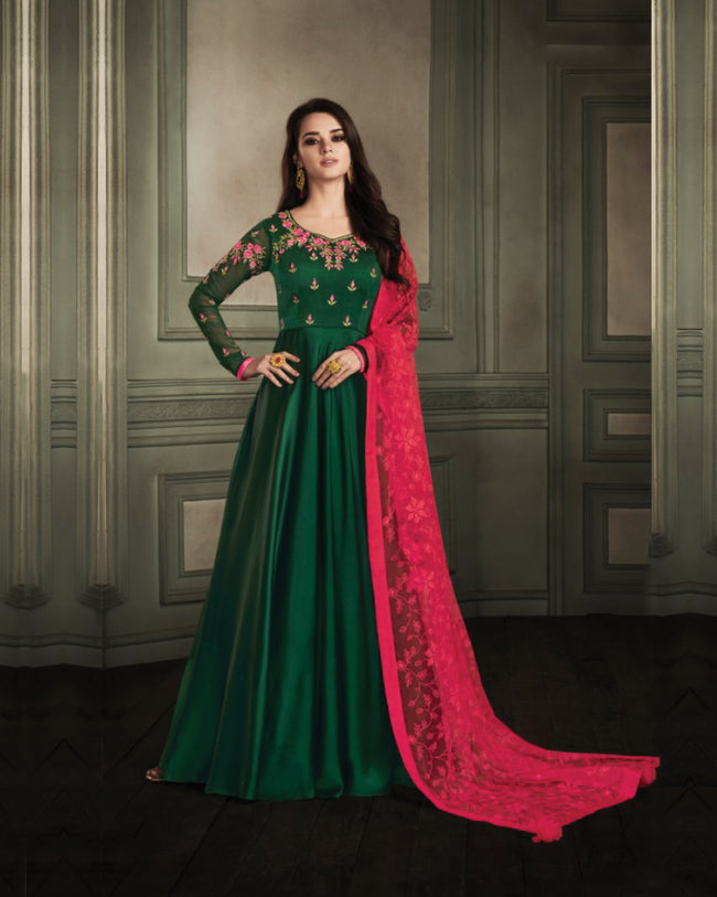 Green Colored Partywear Embroidered Georgette Satin Anarkali Suit With Net Dupatta